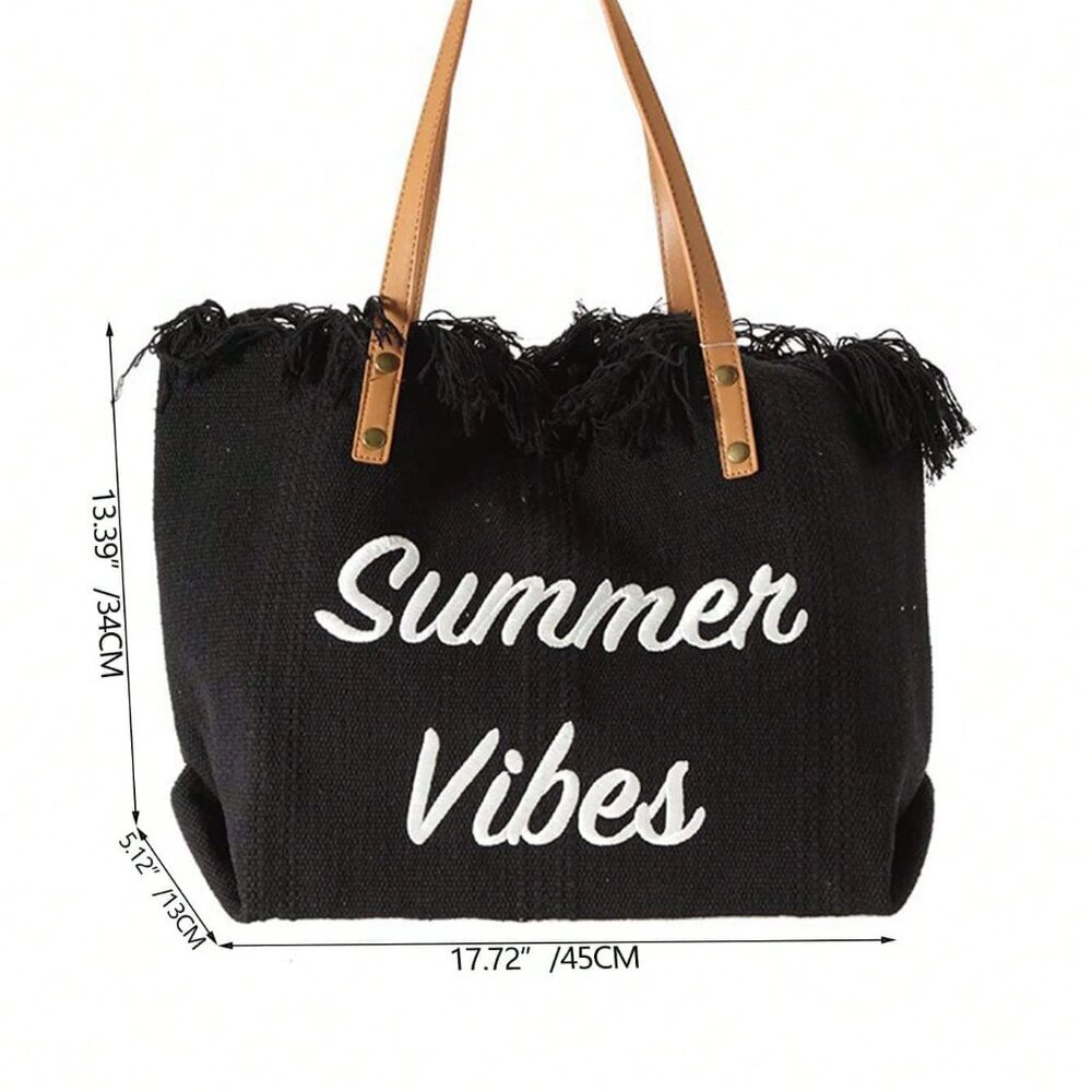 Black Casual Women's Large Capacity Fringed Canvas Tote Bag With Letter Design - Picture 2 of 3